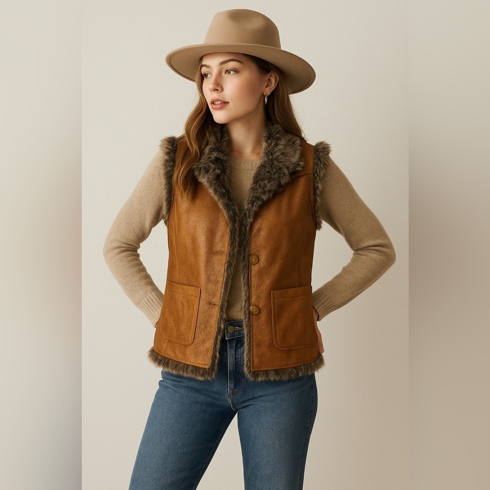 Boho Chic Leather Vest Faux Fur Trim Western Festival Layering Fall Piece PLarge